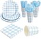 168Pcs Gingham Baby Shower Party Supplies - Plates, Cups, Cutlery, Napkins (Blue)